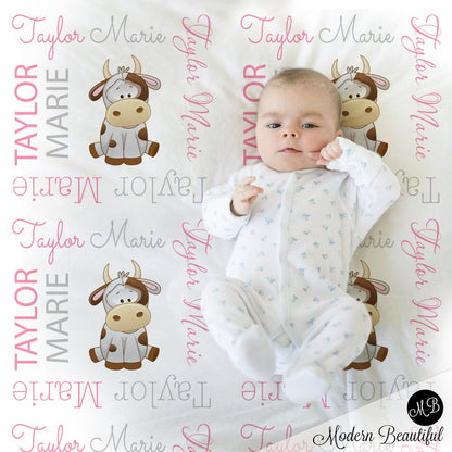 Personalized cow baby girls blanket, newborn cow swaddle blanket with name, farm cow theme baby gift (CHOOSE COLORS)