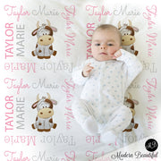 Personalized cow baby girls blanket, newborn cow swaddle blanket with name, farm cow theme baby gift (CHOOSE COLORS)