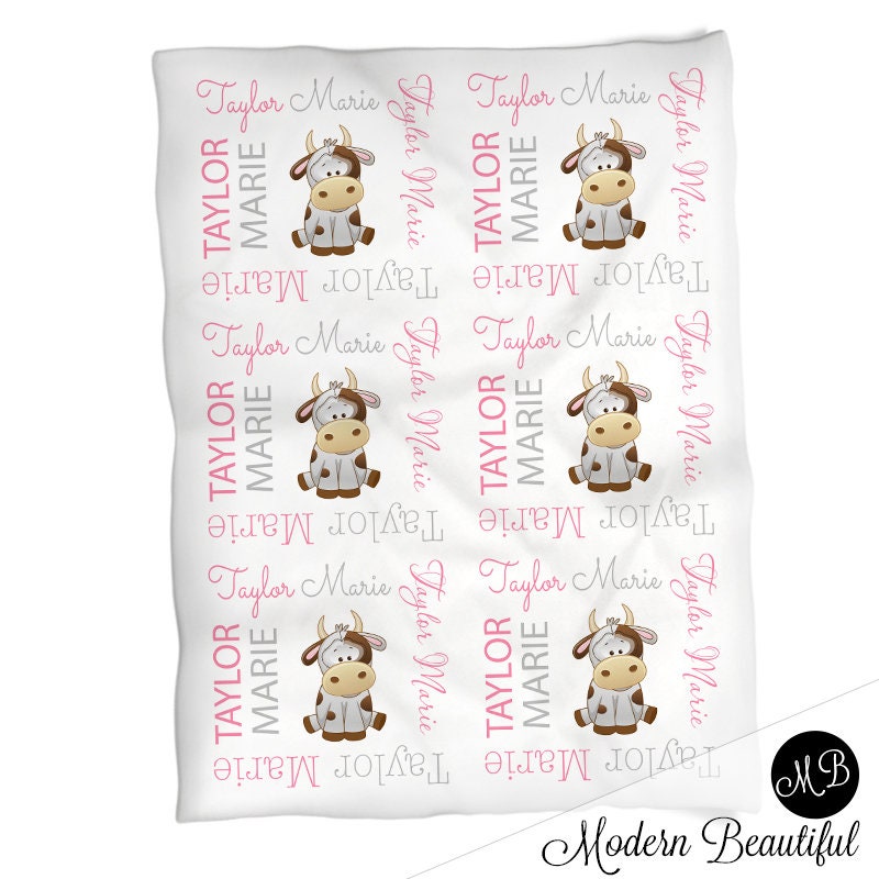 Personalized cow baby girls blanket, newborn cow swaddle blanket with name, farm cow theme baby gift (CHOOSE COLORS)