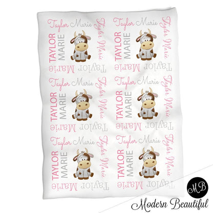 Personalized cow baby girls blanket, newborn cow swaddle blanket with name, farm cow theme baby gift (CHOOSE COLORS)