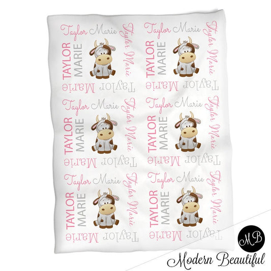 Personalized cow baby girls blanket, newborn cow swaddle blanket with name, farm cow theme baby gift (CHOOSE COLORS)