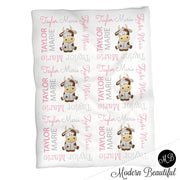Personalized cow baby girls blanket, newborn cow swaddle blanket with name, farm cow theme baby gift (CHOOSE COLORS)