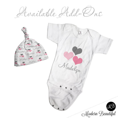Hearts Name Blanket in pink and gray for Baby Girl, personalized baby gift, blanket, baby blanket, personalized blanket, choose colors