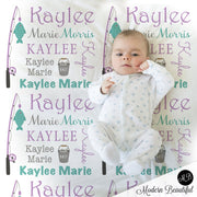 Fishing baby girl blanket, personalized purple teal fishing pole blanket, newborn fishing gift with name, fishing swaddle (CHOOSE COLORS)