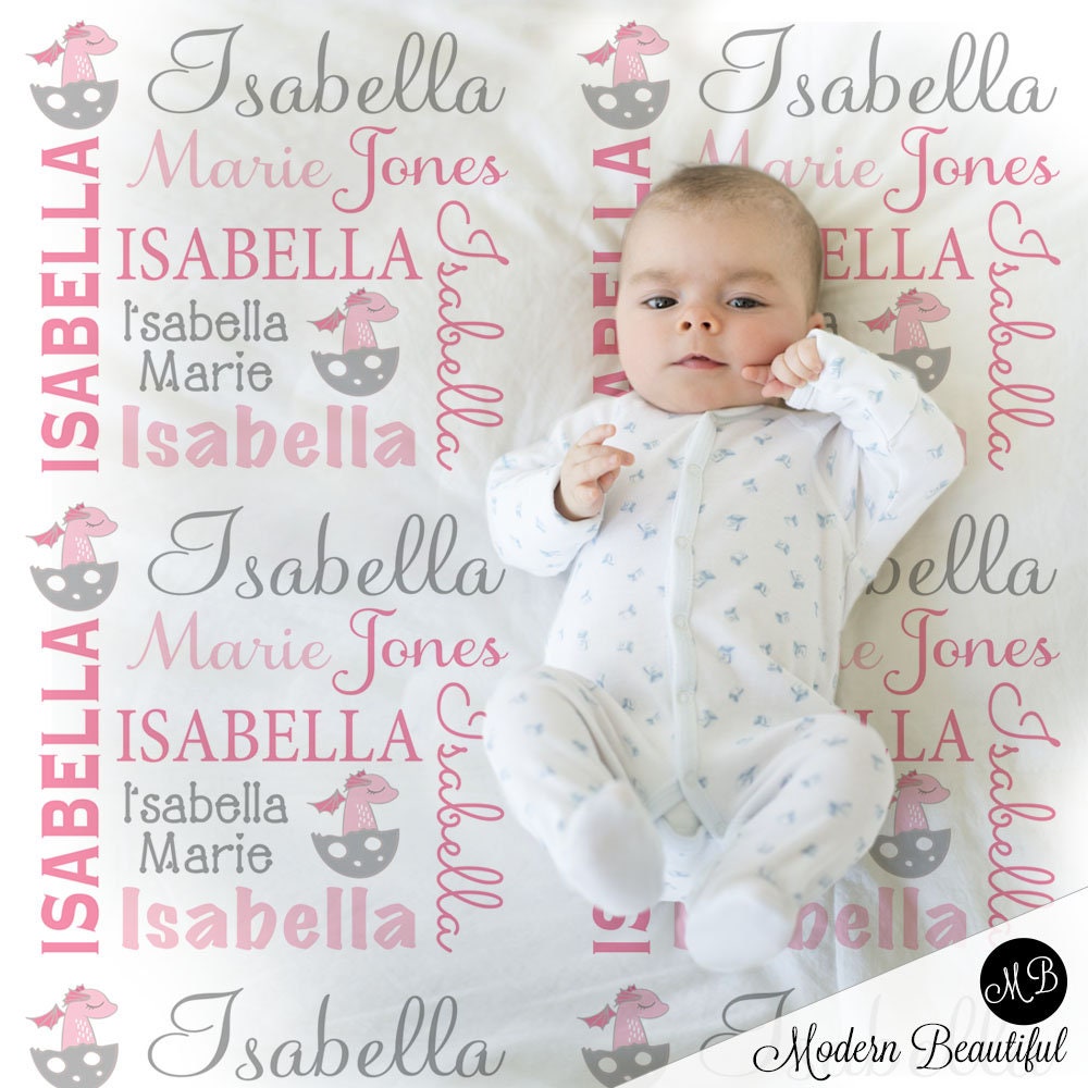 Dragon baby blanket with name, personalized pink newborn dragon gift blanket, girls pink baby swaddle with cute dragons, (CHOOSE COLORS)
