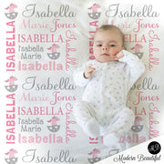 Dragon baby blanket with name, personalized pink newborn dragon gift blanket, girls pink baby swaddle with cute dragons, (CHOOSE COLORS)