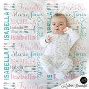 Feather baby girl name blanket, personalized baby gift, arrow baby blanket, pink, teal, gray- personalized girl baby blanket- choose colors