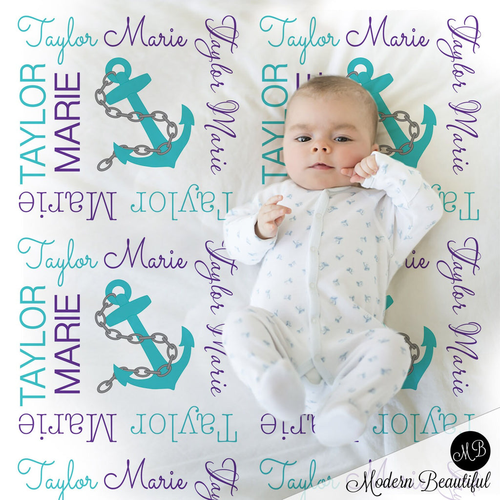 Anchor baby girl blanket, nautical personalized newborn anchors blanket, aqua and purple, boys or girls, nautical baby gift, (CHOOSE COLORS)