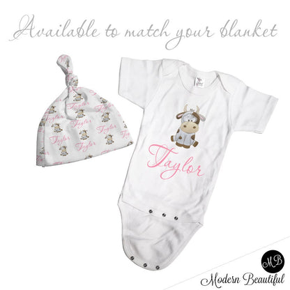 Personalized cow baby girls blanket, newborn cow swaddle blanket with name, farm cow theme baby gift (CHOOSE COLORS)