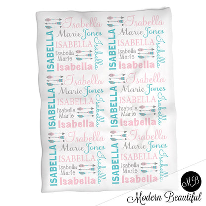 Feather baby girl name blanket, personalized baby gift, arrow baby blanket, pink, teal, gray- personalized girl baby blanket- choose colors