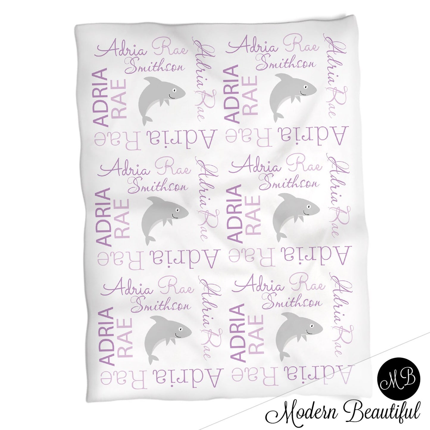 Shark baby blanket, baby girl personalized name blanket, shark boy or girl swaddle, shark baby gift, purple and gray sharks (CHOOSE COLORS)