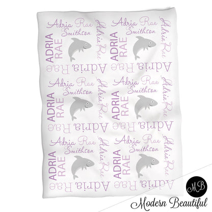 Shark baby blanket, baby girl personalized name blanket, shark boy or girl swaddle, shark baby gift, purple and gray sharks (CHOOSE COLORS)