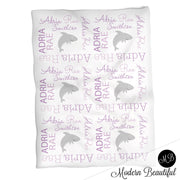 Shark baby blanket, baby girl personalized name blanket, shark boy or girl swaddle, shark baby gift, purple and gray sharks (CHOOSE COLORS)