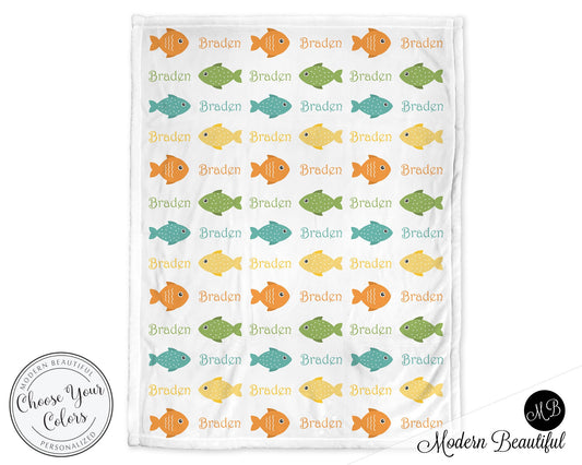 Personalized Cute Fish Baby Name Blanket Boy