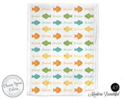 Cute fish baby blanket, fishing blanket with name, personalized newborn fish swaddle, baby boy or girl, fishing theme gift (CHOOSE COLORS)