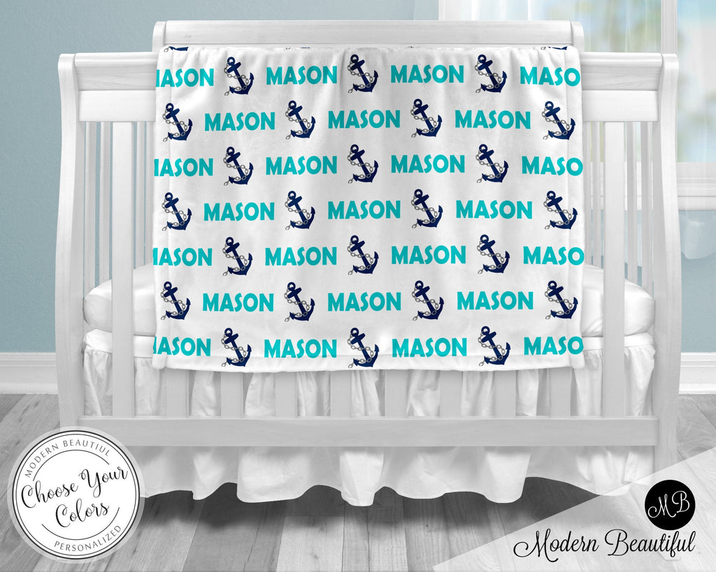 Baby boy nautical name blanket, anchor baby blanket, boy or girl, personalized baby gift, custom name blanket, baby shower gift- anchor gift