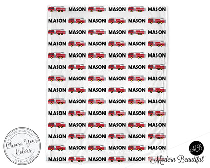 Personalized firetruck baby blanket, firetruck newborn swaddle name blanket, fireman fire fighter baby shower gift (CHOOSE COLORS)