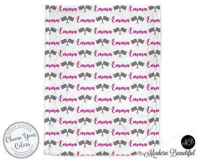 Race Flag Baby Blanket, checkered flag baby blanket, personalized baby gift, girl name blanket, baby shower gift blanket, racing gift
