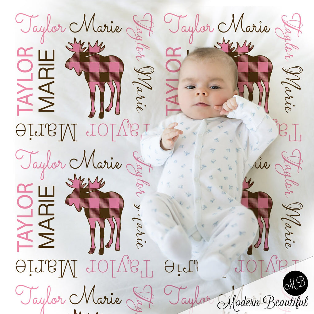 Moose baby blanket, personalized baby girls plaid moose name blanket, forest hunting animal newborn baby gift, pink and brown (CHOOSE COLOR)
