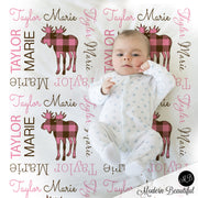 Moose baby blanket, personalized baby girls plaid moose name blanket, forest hunting animal newborn baby gift, pink and brown (CHOOSE COLOR)