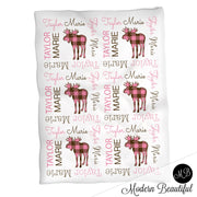 Moose baby blanket, personalized baby girls plaid moose name blanket, forest hunting animal newborn baby gift, pink and brown (CHOOSE COLOR)
