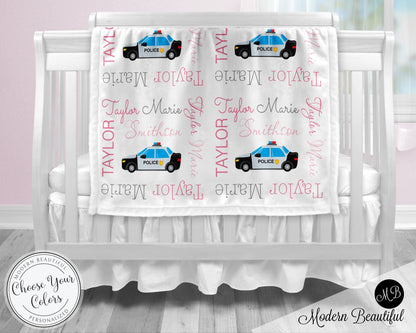 Baby girl police car blanket, police personalized blanket, cop name blanket, police baby gift, cop car personalized blanket, choose color