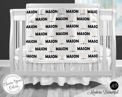 Hockey baby boy name blanket, hockey baby blanket, boy or girl, personalized baby gift, custom name blanket, hockey player baby gift