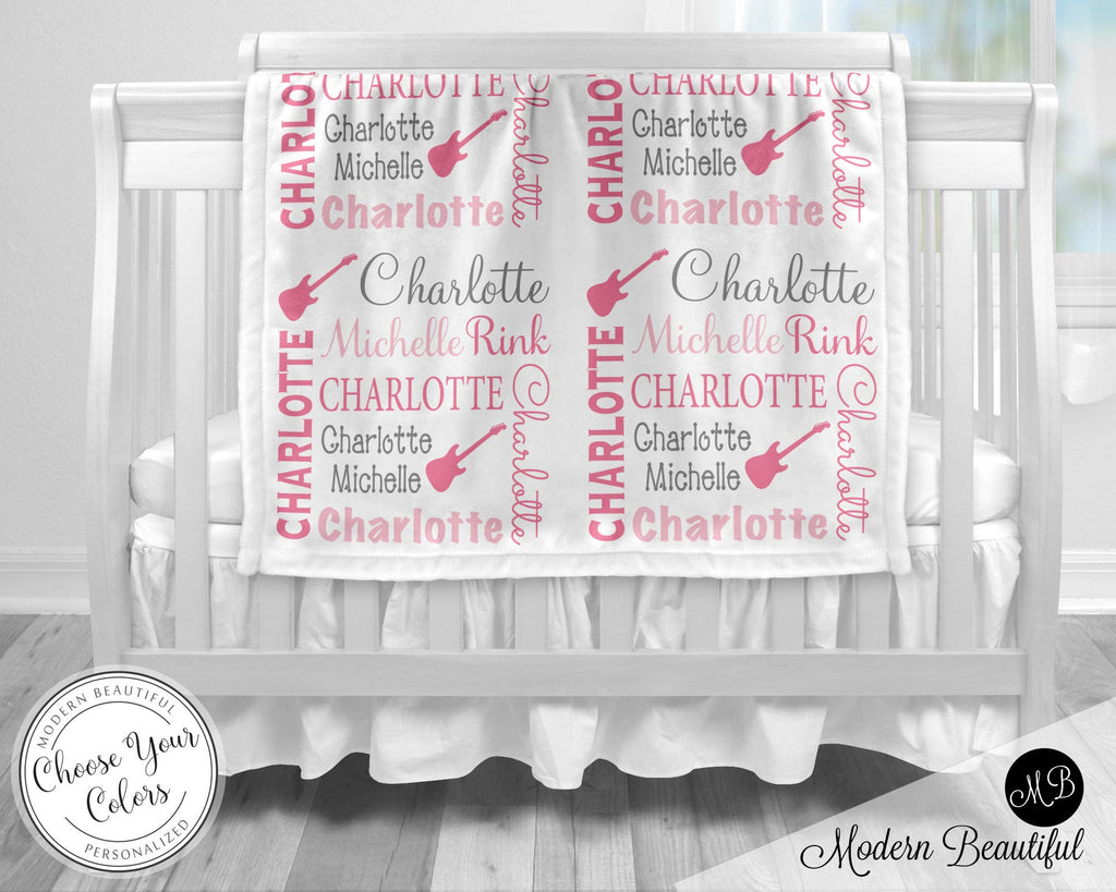 Girl guitar baby newborn blanket, pink electric guitar music name blanket, pink guitar swaddle, personalized baby girl gift, (CHOOSE COLORS)