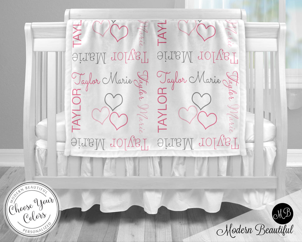 Personalized newborn blanket with name, girl baby swaddle blanket with hearts, personalized pink and gray heart baby gift, (CHOOSE COLORS)