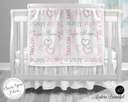 Personalized newborn blanket with name, girl baby swaddle blanket with hearts, personalized pink and gray heart baby gift, (CHOOSE COLORS)