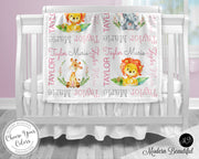 Safari animals baby name blanket, baby girl blanket, safari baby gift, personalized baby girl blanket, custom name, sherpa, choose colors