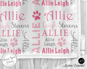 Newborn paw print baby blanket, personalized puppy blanket with name, pink baby girl dog blanket, paw prints baby gift, (CHOOSE COLORS)