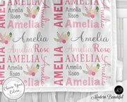 Chic flower baby girl blanket, personalized flower swaddle blanket with name, newborn baby girl gift with chic pink flowers, (CHOOSE COLORS)