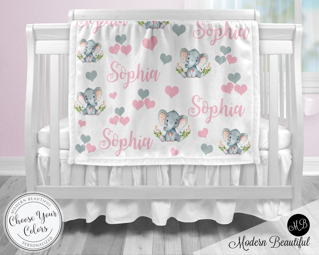 Personalized elephant heart baby name blanket, newborn elephant theme swaddle blanket, pink and gray elephant baby gift