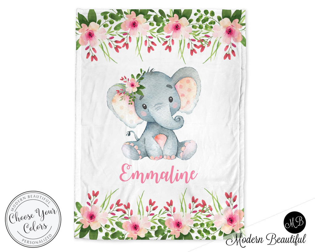 Elephant floral baby blanket, flowers elephant swaddle blanket with name, personalized newborn baby girl elephants gift (CHOOSE COLORS)