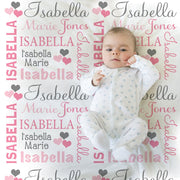 Hearts Name Blanket in pink and gray for Baby Girl, personalized baby gift, blanket, baby blanket, personalized blanket, choose colors