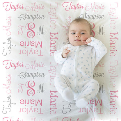 Baby girl monogram name blanket, pink and gray receiving swaddling blanket with initials and name, comong home baby gift, (CHOOSE COLORS)