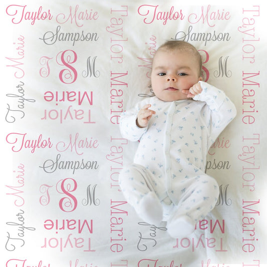 Personalized Monogram Pink Baby Name Blanket Girl