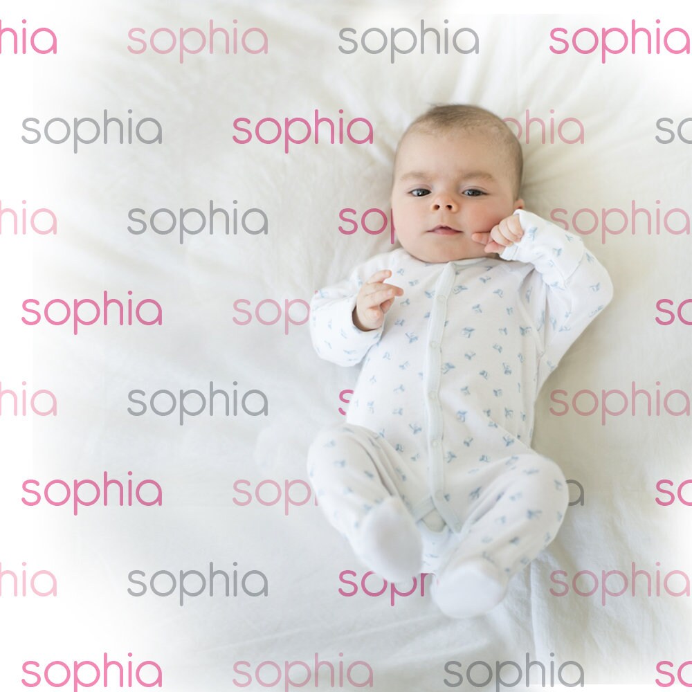 Baby girl name blanket in pink and gray, personalized newborn swaddle blanket, repeating name coming home blanket, pink baby girl gift
