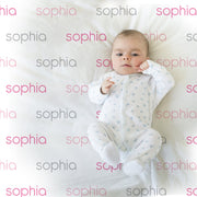 Baby girl name blanket in pink and gray, personalized newborn swaddle blanket, repeating name coming home blanket, pink baby girl gift