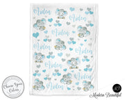 Elephant baby blanket personalized, boy, blue, baby name blanket, hearts, elephant baby gift, hearts, baby boy elephant blanket