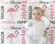 Pink flamingo baby blanket, newborn flamingo name blanket, girl personalized tropical baby gift, pink and black swaddle, (CHOOSE COLORS)