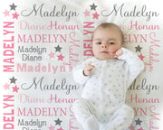 Star baby name blanket, personalized stars pink girls blanket, newborn baby swaddle blanket with stars, baby stars gift (CHOOSE COLORS)