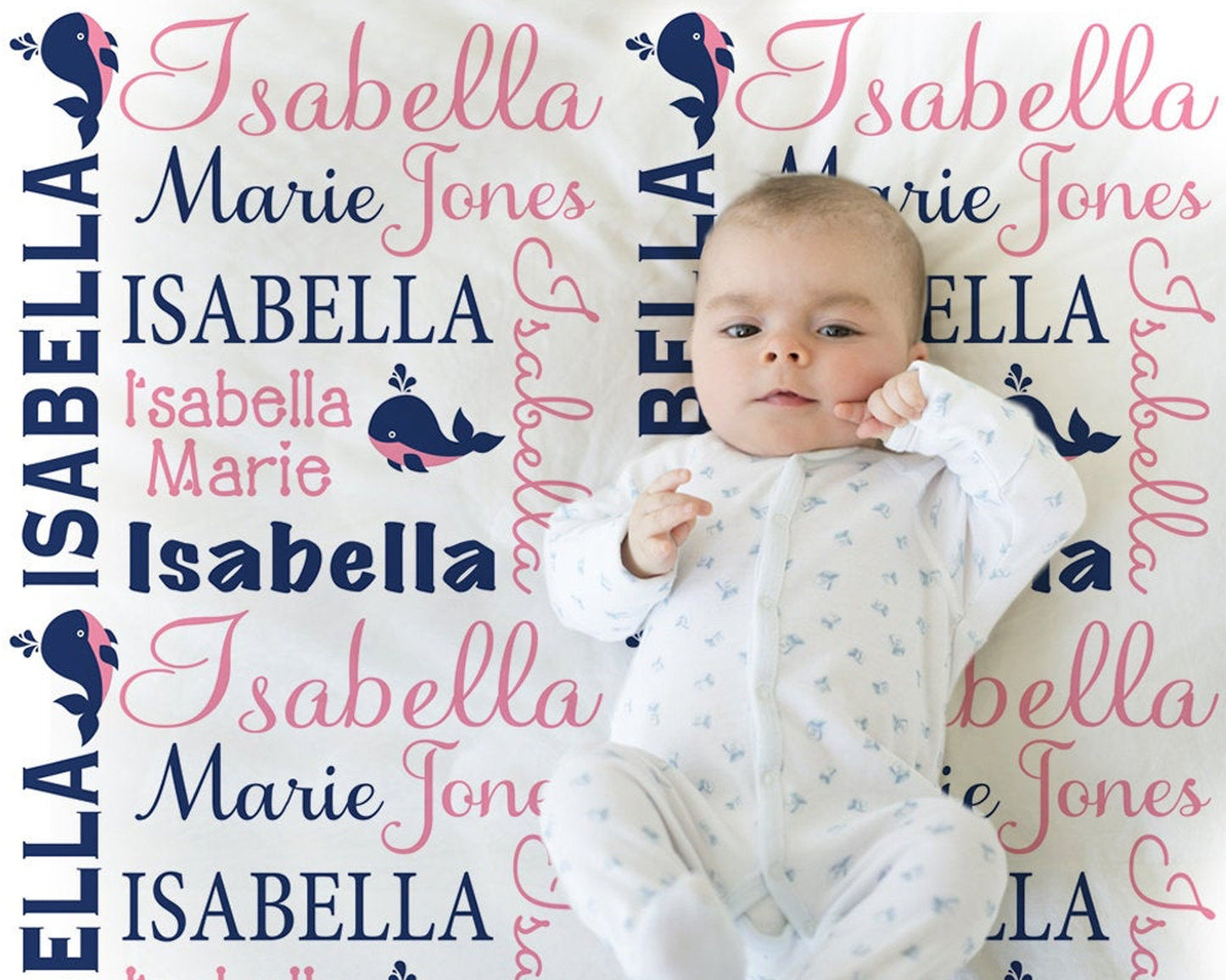 Baby girl whale blanket, personalized newborn ocean nautical blanket, pink and navy blanket, whale theme baby gift, whales (CHOOSE COLORS)
