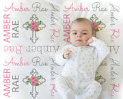 Baptism baby blanket, girl personalized christening blanket, newborn religious gift with name and cross with pink flowers for baby girl