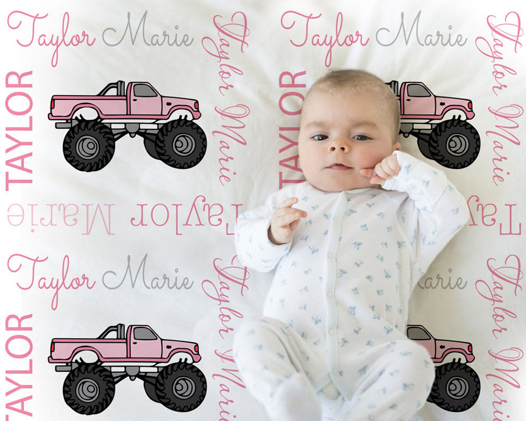 Monster truck baby blanket, truck baby blanket, girl blanket, pink truck blanket, monster truck gift, personalized baby gift, CHOOSE COLOR