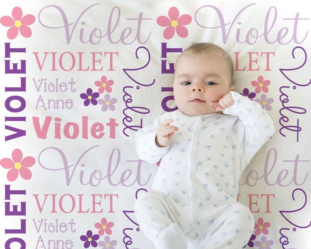 Flowers baby blanket with name, personalized newborn violet blanket, floral baby girl shower gift, simple flower theme (CHOOSE COLORS)