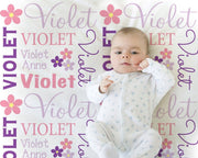 Flowers baby blanket with name, personalized newborn violet blanket, floral baby girl shower gift, simple flower theme (CHOOSE COLORS)