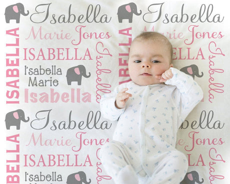 Elephant baby blanket with name, personalized girl elephant blanket, newborn baby gift, pink and gray baby girls blanket, (CHOOSE COLORS)