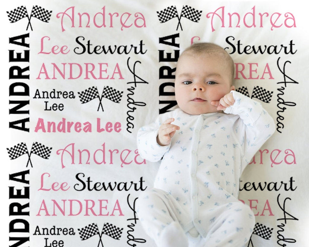 Personalized racing baby blanket, checkered race flags blanket with name, drag racing baby newborn gift, newborn racec swaddle CHOOSE COLOR